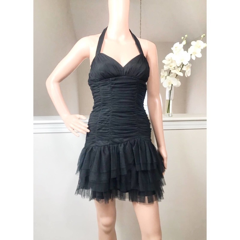 Masquerade, black ruched halter dress 0862